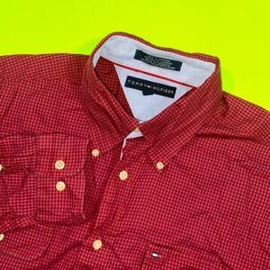 Tommy Hilfiger Mens Red Micro Check Button Down Shirt Long Sleeve Cotton Large
